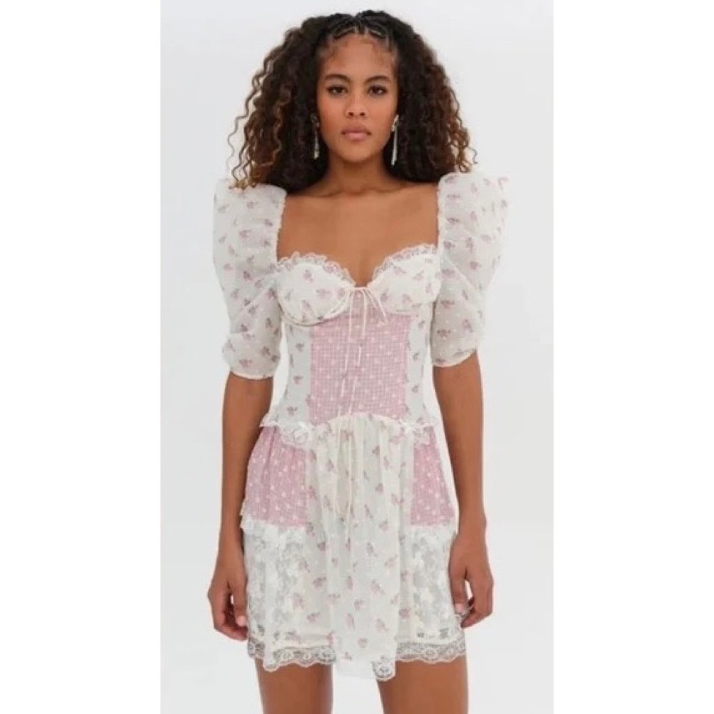 NWT!! FOR LOVE & LEMONS Francine Floral Patchwork Mini Dress Lace Coquette XS